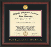 Image of Virginia Tech Diploma Frame - Rosewood - w/24k Gold-Plated Medallion VT Name Embossing - Black on Maroon mats