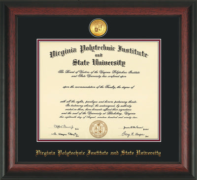 Image of Virginia Tech Diploma Frame - Rosewood - w/24k Gold-Plated Medallion VT Name Embossing - Black on Maroon mats