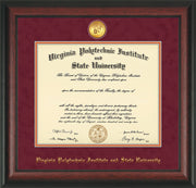 Image of Virginia Tech Diploma Frame - Rosewood - w/24k Gold-Plated Medallion VT Name Embossing - Maroon Suede on Orange mats