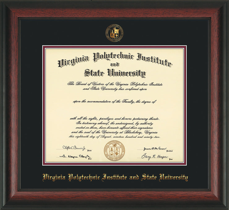 Image of Virginia Tech Diploma Frame - Rosewood - w/Embossed VT Seal & Name - Black on Maroon mat