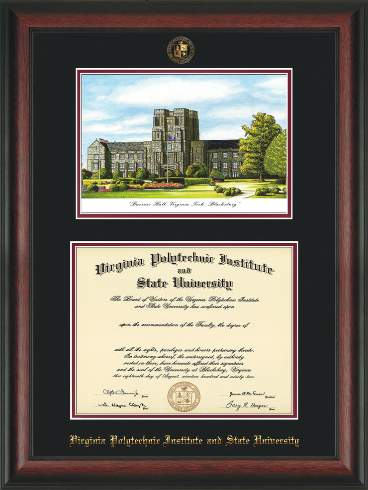 Image of Virginia Tech Diploma Frame - Rosewood - w/Embossed VT Seal & Name - w/Burruss Hall Campus Watercolor - Black on Maroon mat