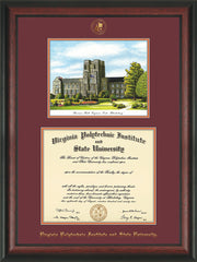 Image of Virginia Tech Diploma Frame - Rosewood - w/Embossed VT Seal & Name - w/Burruss Hall Campus Watercolor - Maroon on Orange mat