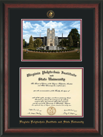 Image of Virginia Tech Diploma Frame - Rosewood - w/Embossed VT Seal & Name - w/Burruss Memorial Campus Watercolor - Black on Maroon mat