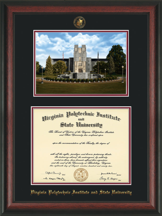 Image of Virginia Tech Diploma Frame - Rosewood - w/Embossed VT Seal & Name - w/Burruss Memorial Campus Watercolor - Black on Maroon mat