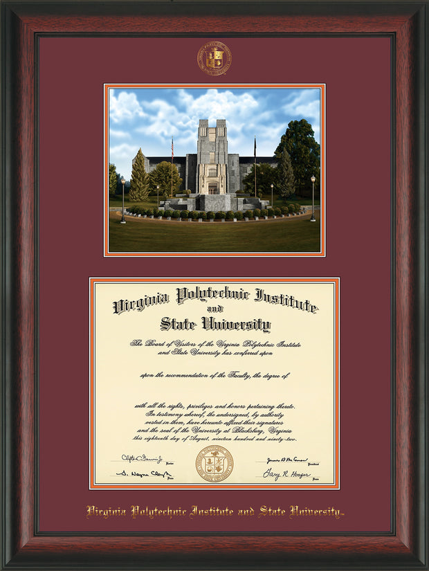 Image of Virginia Tech Diploma Frame - Rosewood - w/Embossed VT Seal & Name - w/Burruss Memorial Campus Watercolor - Maroon on Orange mat