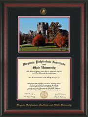 Image of Virginia Tech Diploma Frame - Rosewood - w/Embossed VT Seal & Name - w/Fall Burruss Campus Watercolor - Black on Maroon mat