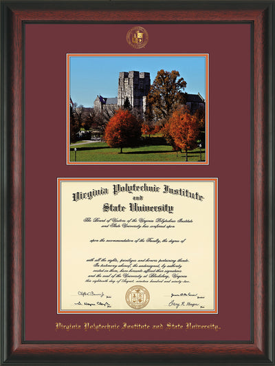 Image of Virginia Tech Diploma Frame - Rosewood - w/Embossed VT Seal & Name - w/Fall Burruss Campus Watercolor - Maroon on Orange mat