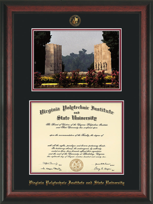 Image of Virginia Tech Diploma Frame - Rosewood - w/Embossed VT Seal & Name - w/War Memorial Campus Watercolor - Black on Maroon mat
