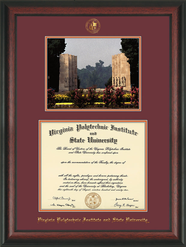 Image of Virginia Tech Diploma Frame - Rosewood - w/Embossed VT Seal & Name - w/War Memorial Campus Watercolor - Maroon on Orange mat