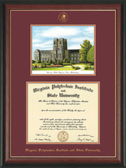 Image of Virginia Tech Diploma Frame - Rosewood w/Gold Lip - w/Embossed VT Seal & Name - w/Burruss Hall Campus Watercolor - Maroon on Orange mat