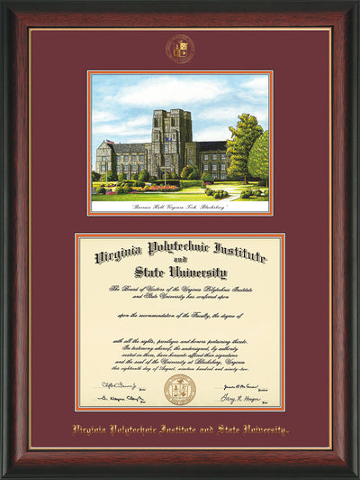 Image of Virginia Tech Diploma Frame - Rosewood w/Gold Lip - w/Embossed VT Seal & Name - w/Burruss Hall Campus Watercolor - Maroon on Orange mat