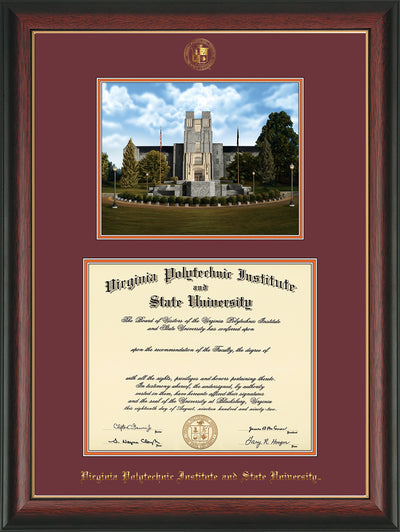 Image of Virginia Tech Diploma Frame - Rosewood w/Gold Lip - w/Embossed VT Seal & Name - w/Burruss Memorial Campus Watercolor - Maroon on Orange mat