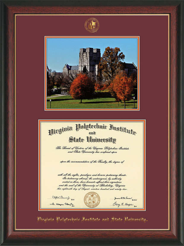 Image of Virginia Tech Diploma Frame - Rosewood w/Gold Lip - w/Embossed VT Seal & Name - w/Fall Burruss Campus Watercolor - Maroon on Orange mat