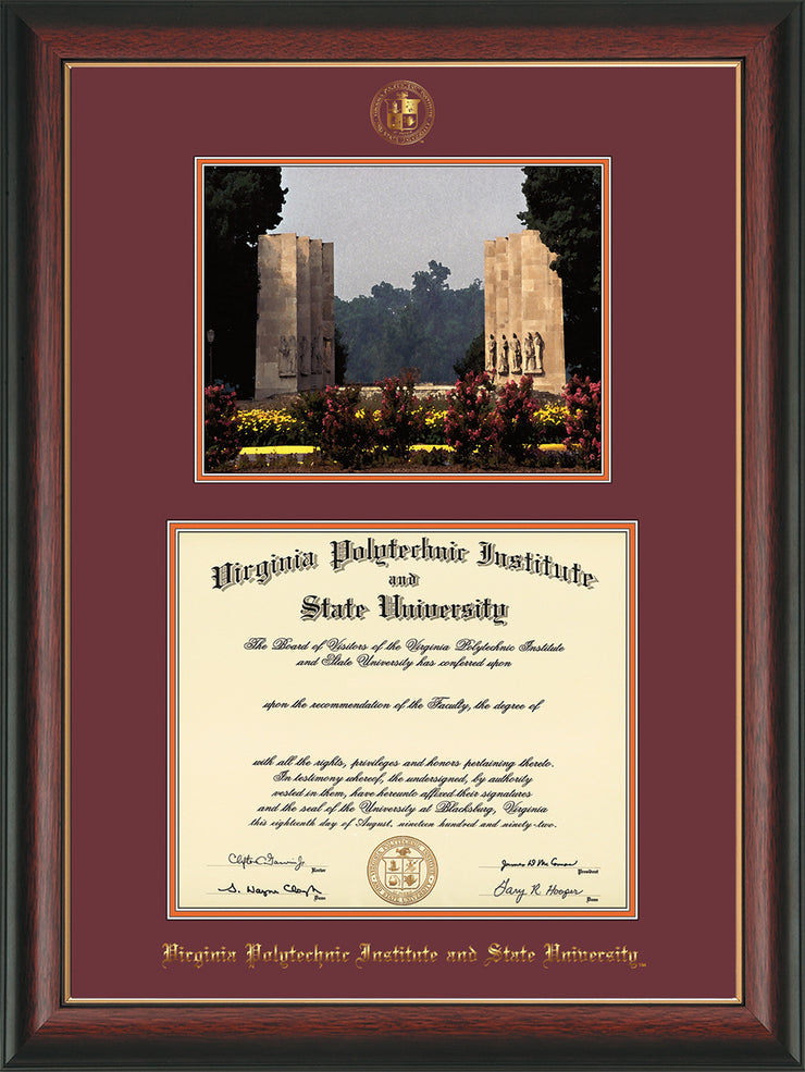 Image of Virginia Tech Diploma Frame - Rosewood w/Gold Lip - w/Embossed VT Seal & Name - w/War Memorial Campus Watercolor - Maroon on Orange mat