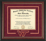 Image of Virginia Tech Diploma Frame - Rosewood w/Gold Lip - w/3D Laser VT Logo Cutout - Maroon Suede on Orange mat