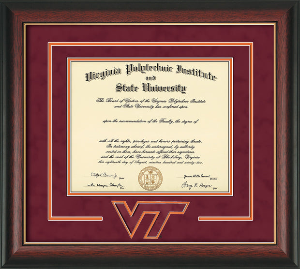 Image of Virginia Tech Diploma Frame - Rosewood w/Gold Lip - w/3D Laser VT Logo Cutout - Maroon Suede on Orange mat