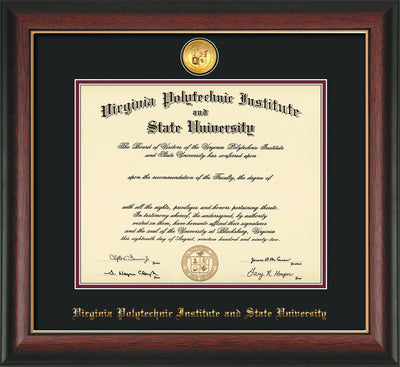 Image of Virginia Tech Diploma Frame - Rosewood w/Gold Lip - w/24k Gold-Plated Medallion VT Name Embossing - Black on Maroon mats