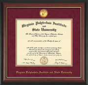 Image of Virginia Tech Diploma Frame - Rosewood w/Gold Lip - w/24k Gold-Plated Medallion VT Name Embossing - Maroon Suede on Orange mats