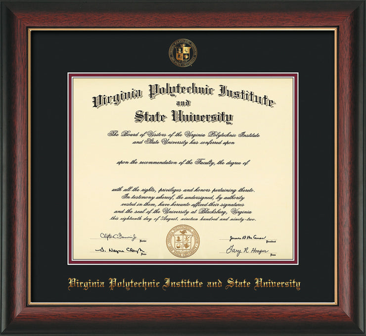 Image of Virginia Tech Diploma Frame - Rosewood w/Gold Lip - w/Embossed VT Seal & Name - Black on Maroon mat