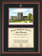 Image of Virginia Tech Diploma Frame - Rosewood w/Gold Lip - w/Embossed VT Seal & Name - w/Burruss Hall Campus Watercolor - Black on Maroon mat