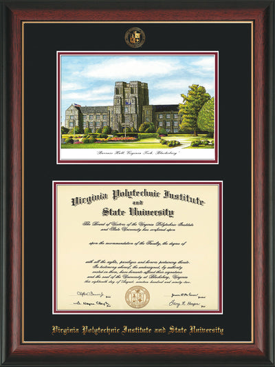 Image of Virginia Tech Diploma Frame - Rosewood w/Gold Lip - w/Embossed VT Seal & Name - w/Burruss Hall Campus Watercolor - Black on Maroon mat