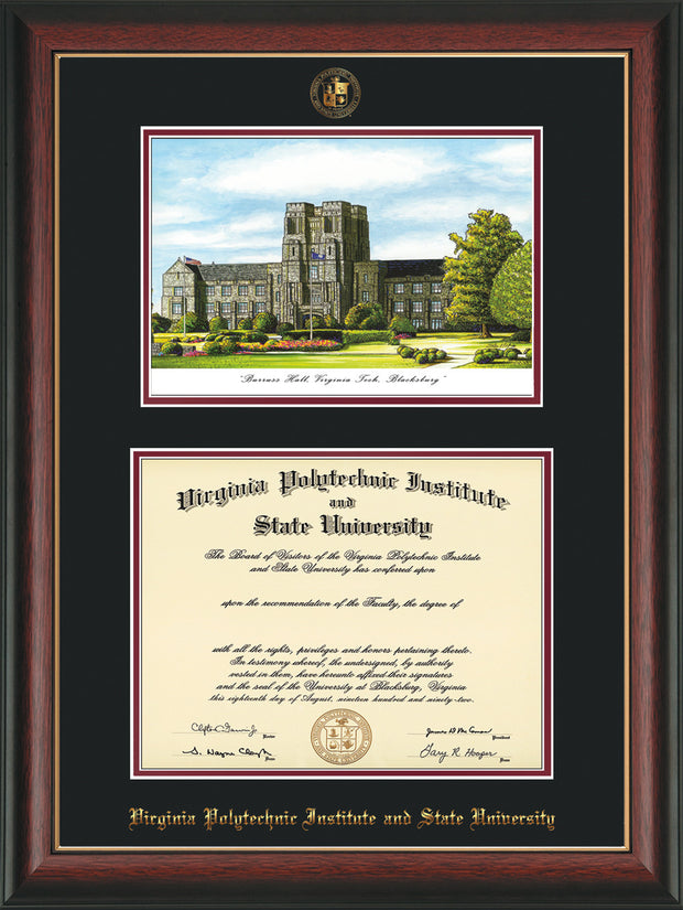 Image of Virginia Tech Diploma Frame - Rosewood w/Gold Lip - w/Embossed VT Seal & Name - w/Burruss Hall Campus Watercolor - Black on Maroon mat