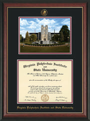 Image of Virginia Tech Diploma Frame - Rosewood w/Gold Lip - w/Embossed VT Seal & Name - w/Burruss Memorial Campus Watercolor - Black on Maroon mat