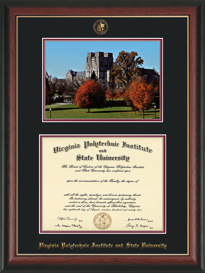 Image of Virginia Tech Diploma Frame - Rosewood w/Gold Lip - w/Embossed VT Seal & Name - w/Fall Burruss Campus Watercolor - Black on Maroon mat