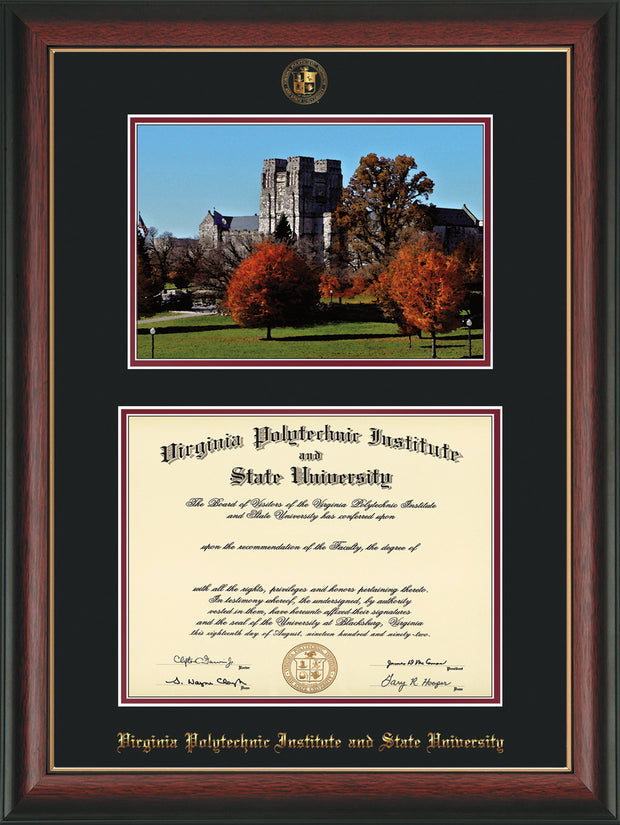 Image of Virginia Tech Diploma Frame - Rosewood w/Gold Lip - w/Embossed VT Seal & Name - w/Fall Burruss Campus Watercolor - Black on Maroon mat