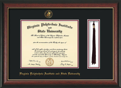Image of Virginia Tech Diploma Frame - Rosewood w/Gold Lip - w/Embossed VT Seal & Name - Tassel Holder - Black on Maroon mat