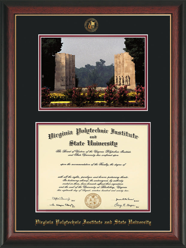 Image of Virginia Tech Diploma Frame - Rosewood w/Gold Lip - w/Embossed VT Seal & Name - w/War Memorial Campus Watercolor - Black on Maroon mat