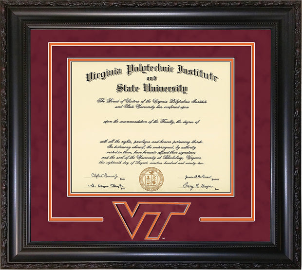 Image of Virginia Tech Diploma Frame - Vintage Black Scoop - w/3D Laser VT Logo Cutout - Maroon Suede on Orange mat