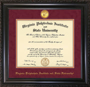 Image of Virginia Tech Diploma Frame - Vintage Black Scoop - w/24k Gold-Plated Medallion VT Name Embossing - Maroon Suede on Orange mats