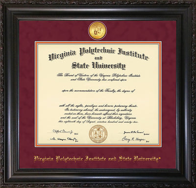 Image of Virginia Tech Diploma Frame - Vintage Black Scoop - w/24k Gold-Plated Medallion VT Name Embossing - Maroon Suede on Orange mats