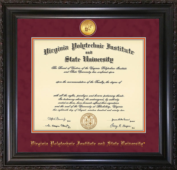 Image of Virginia Tech Diploma Frame - Vintage Black Scoop - w/24k Gold-Plated Medallion VT Name Embossing - Maroon Suede on Orange mats