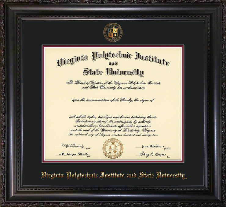 Image of Virginia Tech Diploma Frame - Vintage Black Scoop - w/Embossed VT Seal & Name - Black on Maroon mat