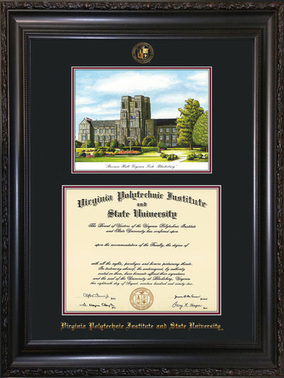 Image of Virginia Tech Diploma Frame - Vintage Black Scoop - w/Embossed VT Seal & Name - w/Burruss Hall Campus Watercolor - Black on Maroon mat