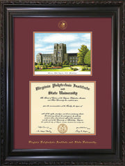 Image of Virginia Tech Diploma Frame - Vintage Black Scoop - w/Embossed VT Seal & Name - w/Burruss Hall Campus Watercolor - Maroon on Orange mat