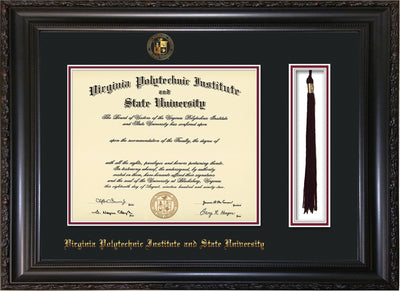 Image of Virginia Tech Diploma Frame - Vintage Black Scoop - w/Embossed VT Seal & Name - Tassel Holder - Black on Maroon mat