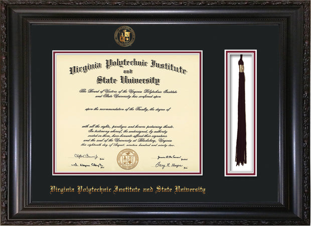 Image of Virginia Tech Diploma Frame - Vintage Black Scoop - w/Embossed VT Seal & Name - Tassel Holder - Black on Maroon mat