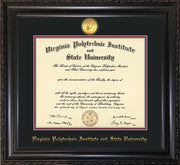 Image of Virginia Tech Diploma Frame - Vintage Black Scoop - w/24k Gold-Plated Medallion VT Name Embossing - Black on Maroon mats