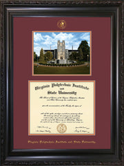 Image of Virginia Tech Diploma Frame - Vintage Black Scoop - w/Embossed VT Seal & Name - w/Burruss Memorial Campus Watercolor - Maroon on Orange mat