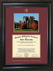 Image of Virginia Tech Diploma Frame - Vintage Black Scoop - w/Embossed VT Seal & Name - w/Fall Burruss Campus Watercolor - Maroon on Orange mat