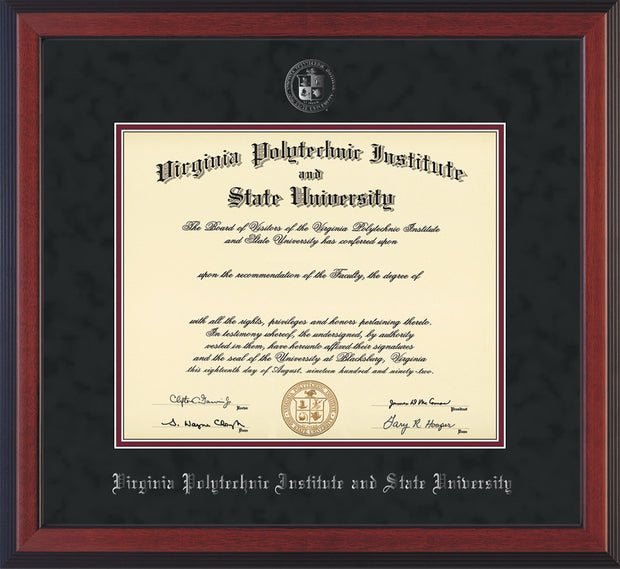 Image of Virginia Tech Diploma Frame - Cherry Reverse - w/Silver Embossed VT Seal & Name - Black Suede on Maroon mat