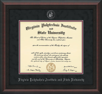 Image of Virginia Tech Diploma Frame - Mahgoany Braid - w/Silver Embossed VT Seal & Name - Black Suede on Maroon mat