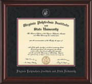 Image of Virginia Tech Diploma Frame - Mahogany Lacquer - w/Silver Embossed VT Seal & Name - Black Suede on Maroon mat