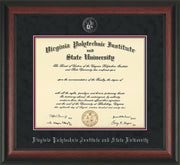 Image of Virginia Tech Diploma Frame - Rosewood - w/Silver Embossed VT Seal & Name - Black Suede on Maroon mat