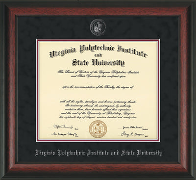 Image of Virginia Tech Diploma Frame - Rosewood - w/Silver Embossed VT Seal & Name - Black Suede on Maroon mat
