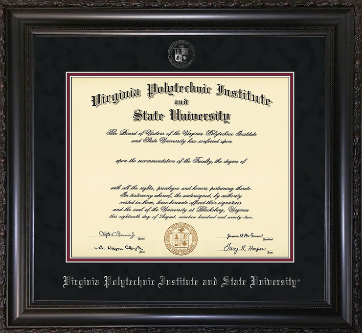 Image of Virginia Tech Diploma Frame - Vintage Black Scoop - w/Silver Embossed VT Seal & Name - Black Suede on Maroon mat