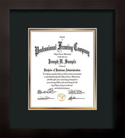 Vertical view of the Custom Flat Matte Black Art and Document Frame with Black on Gold Mat